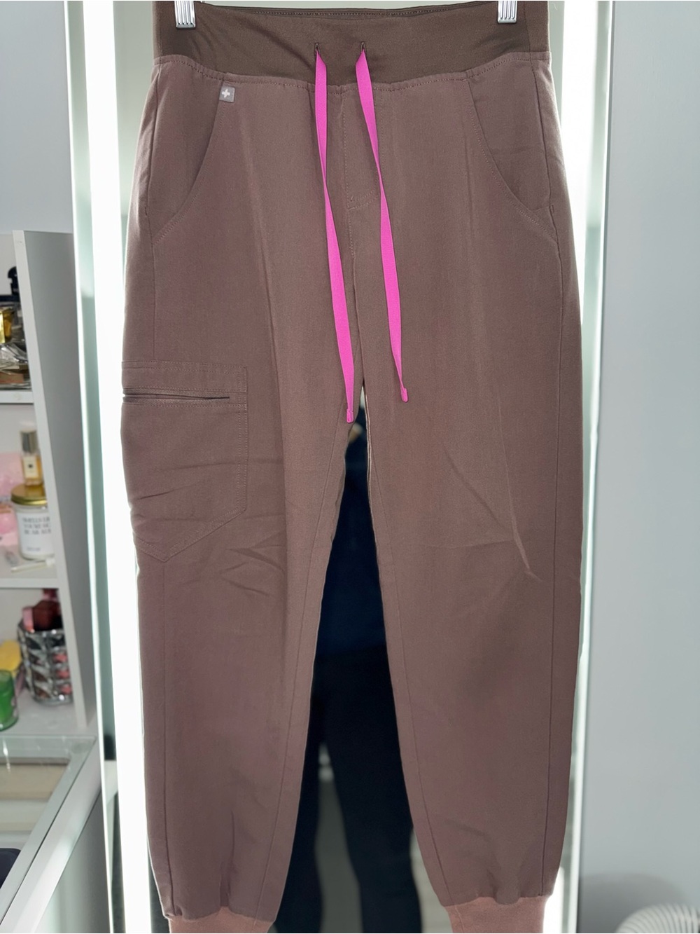 Brown Jogger Scrub Pants with Pink Drawstring